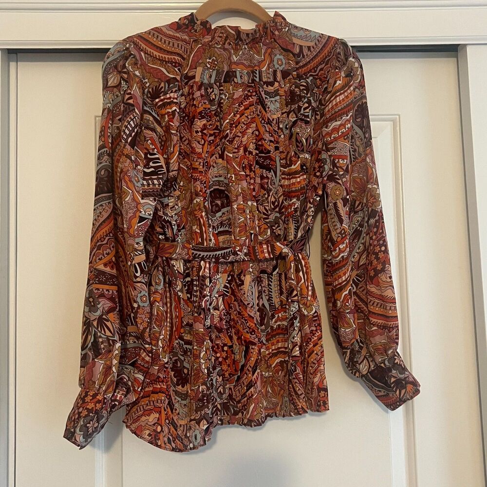 Floral & Ivy Pleated Belted Mixed Print Blouse drape flowy long sleeve Small - Picture 4 of 11